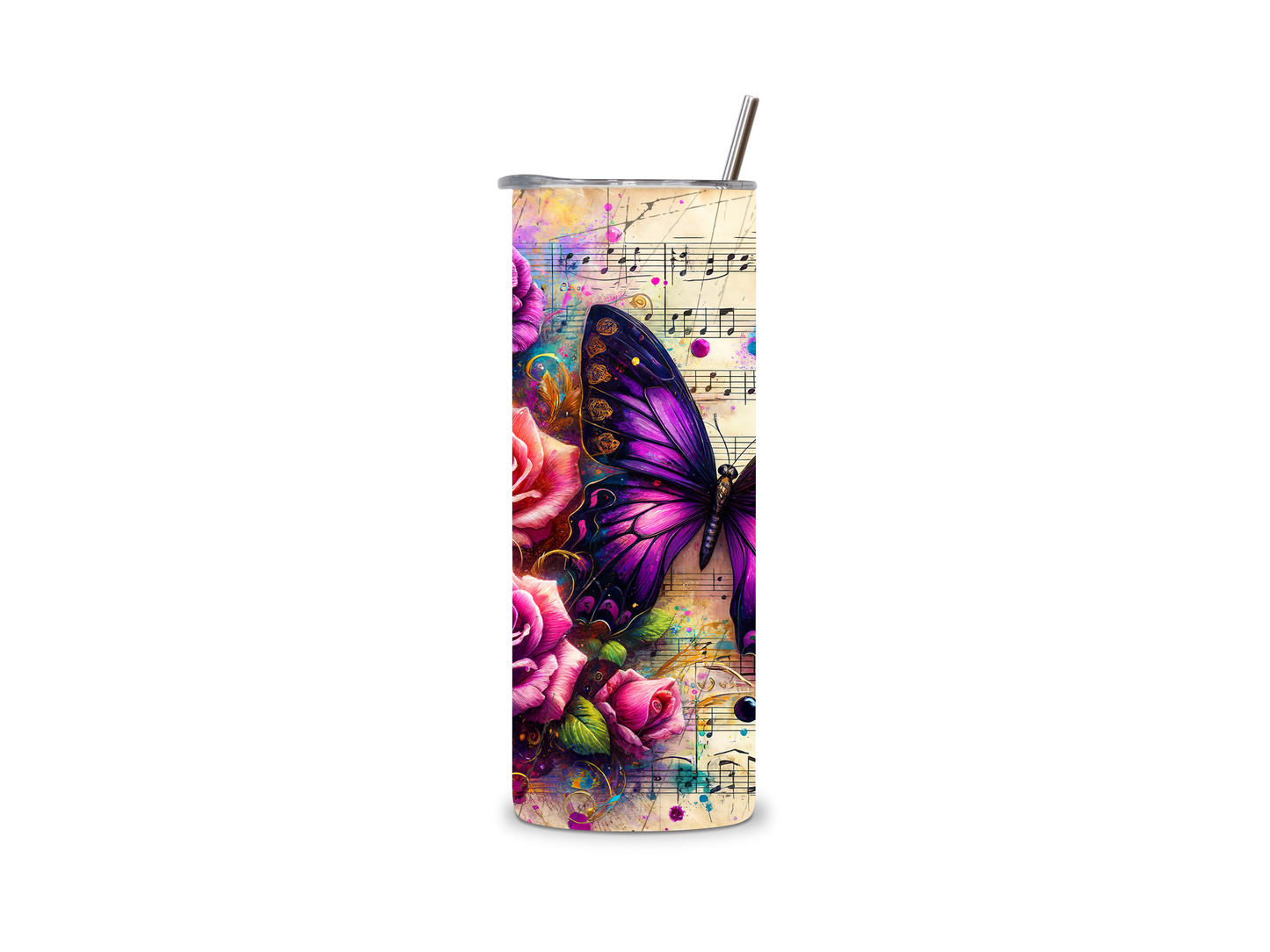 20oz musical notes with flowers and butterfly, double wall insulated tumbler with metal straw