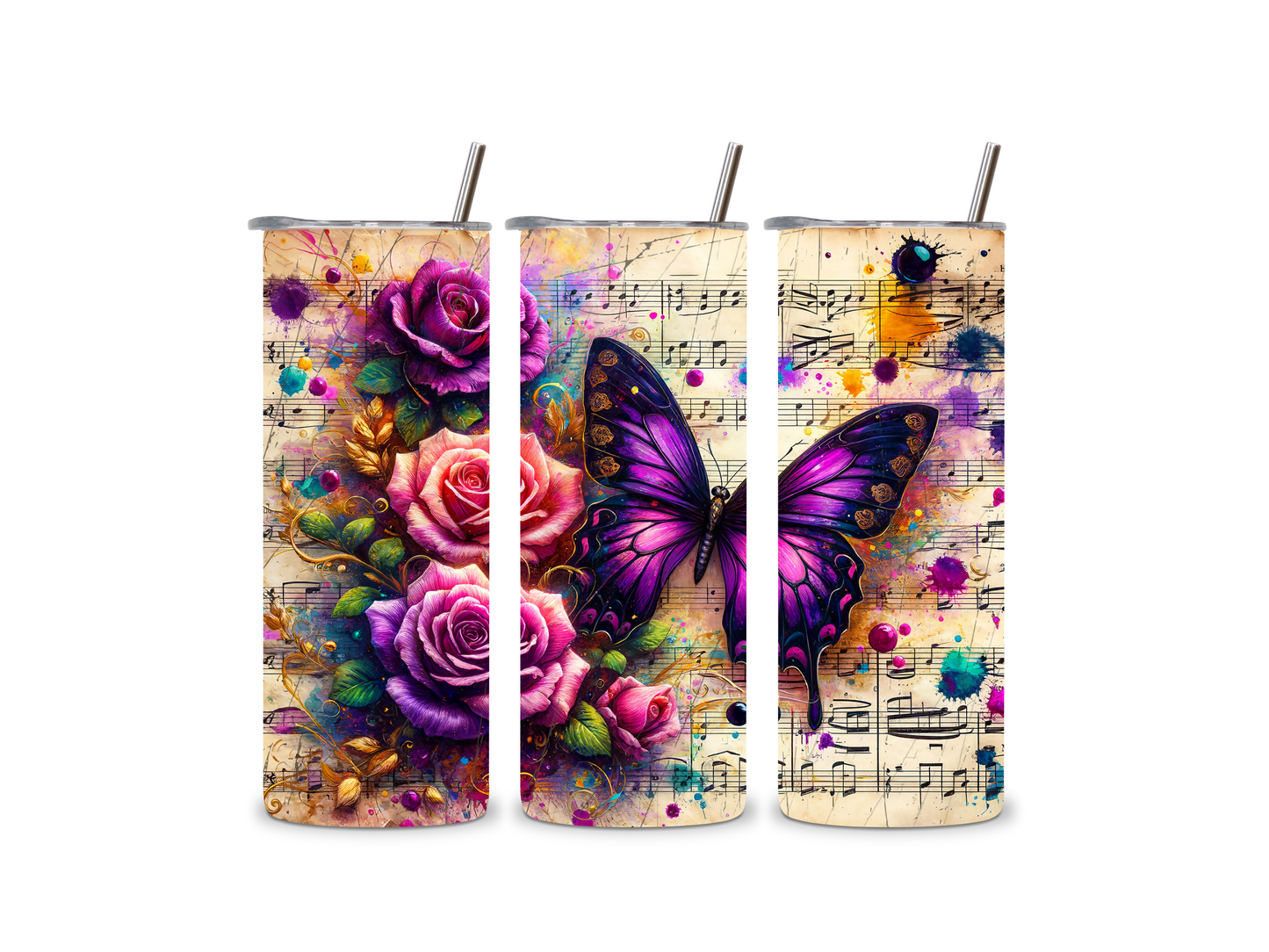 20oz musical notes with flowers and butterfly, double wall insulated tumbler with metal straw