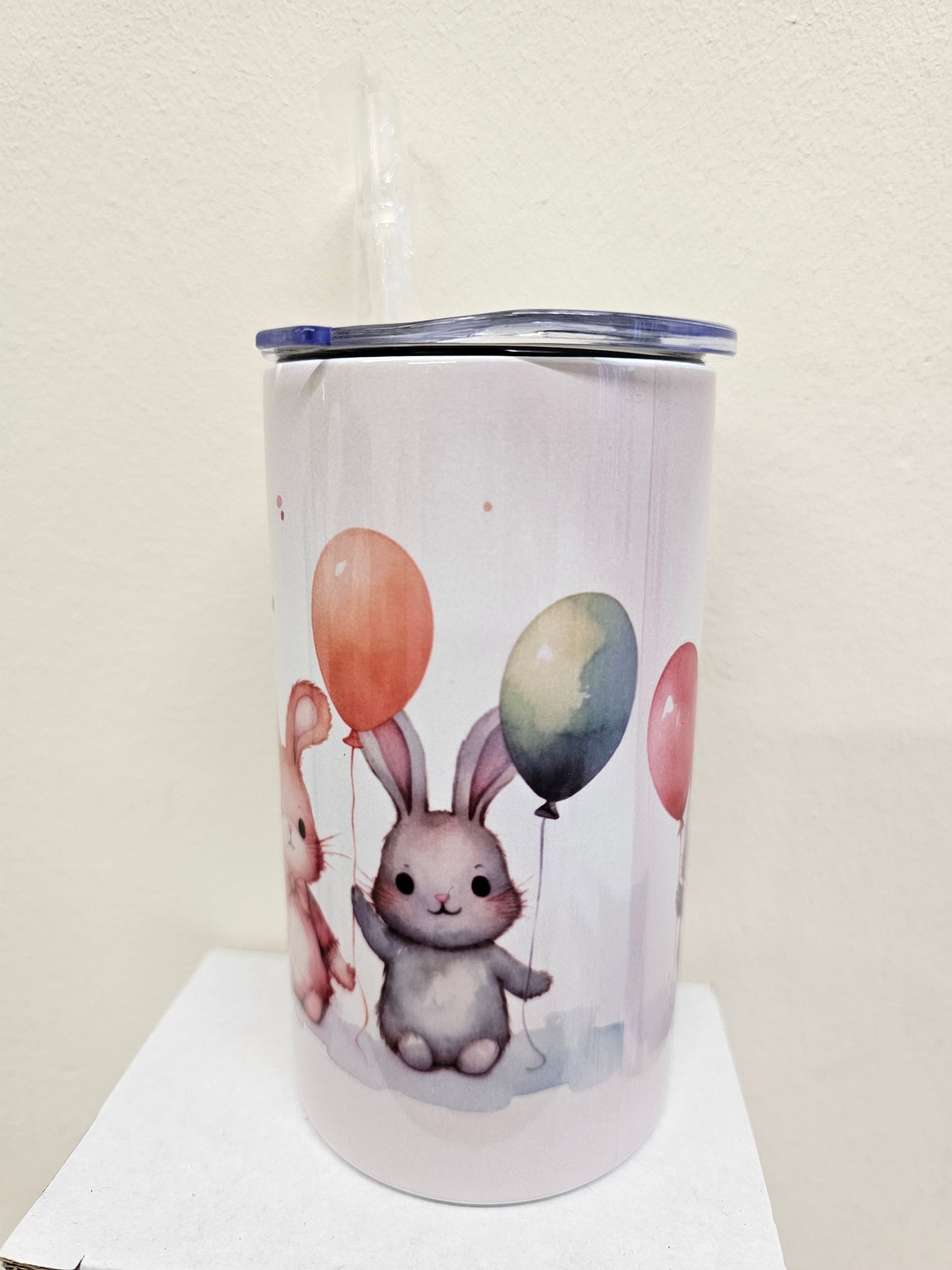 Sippy cup tumbler 12oz with double handle and straw lid, rabbits with balloons