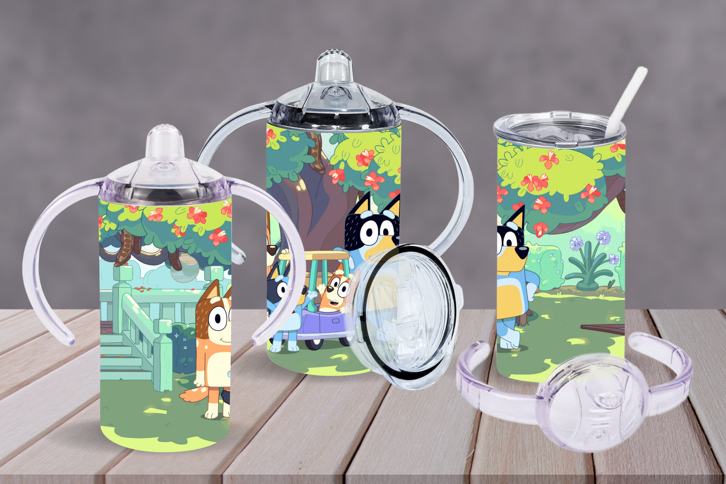 Sippy cup tumbler 12oz with double handle and straw lid, bluey