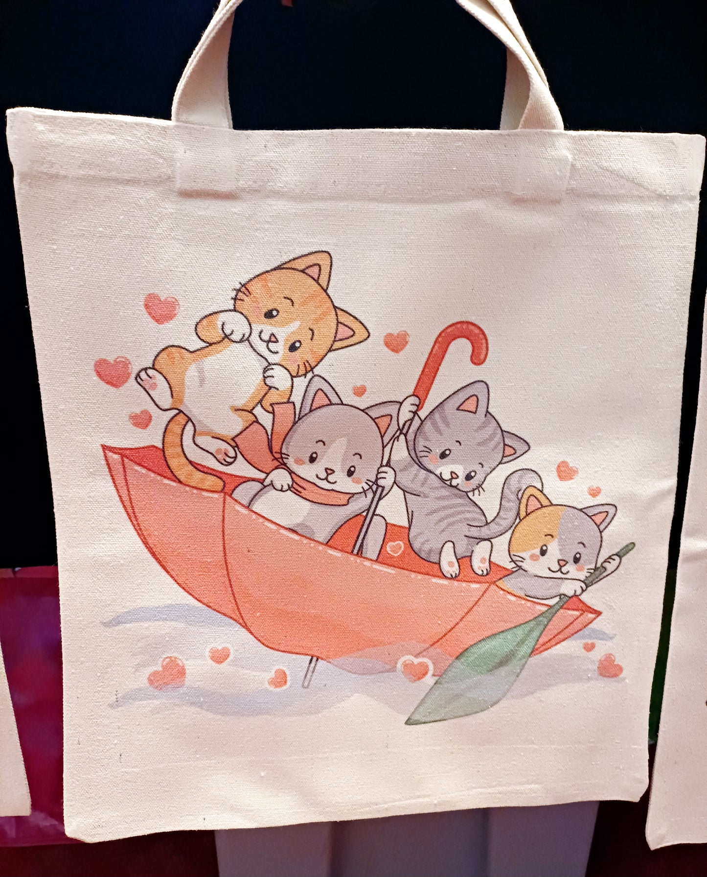Playful cats in umbrella tote bag, shopping bag, canvas tote bag