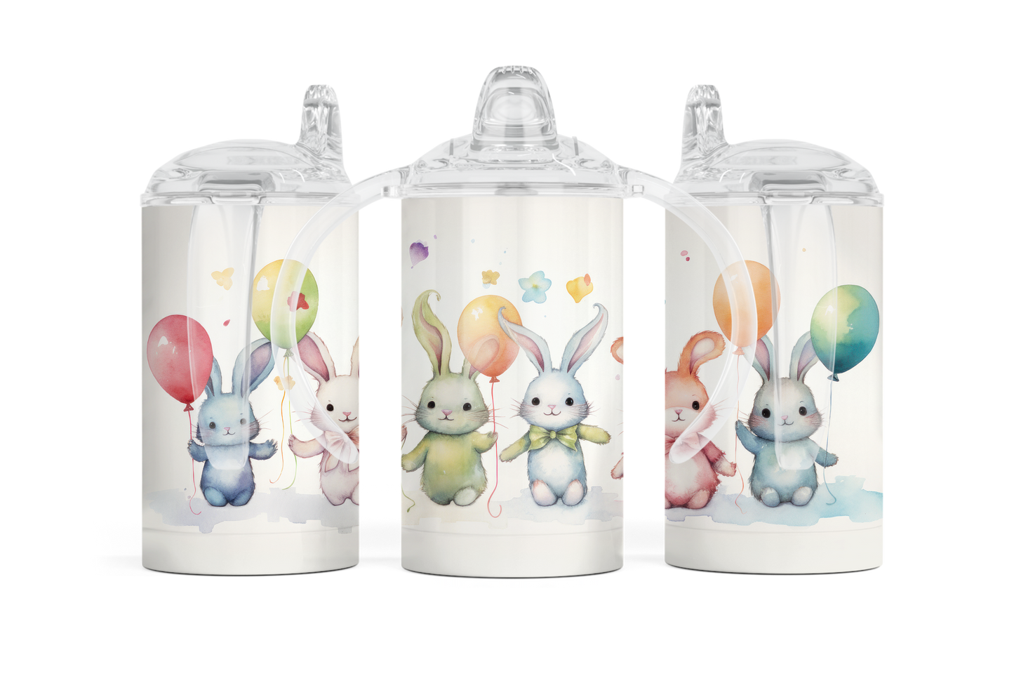 Sippy cup tumbler 12oz with double handle and straw lid, rabbits with balloons