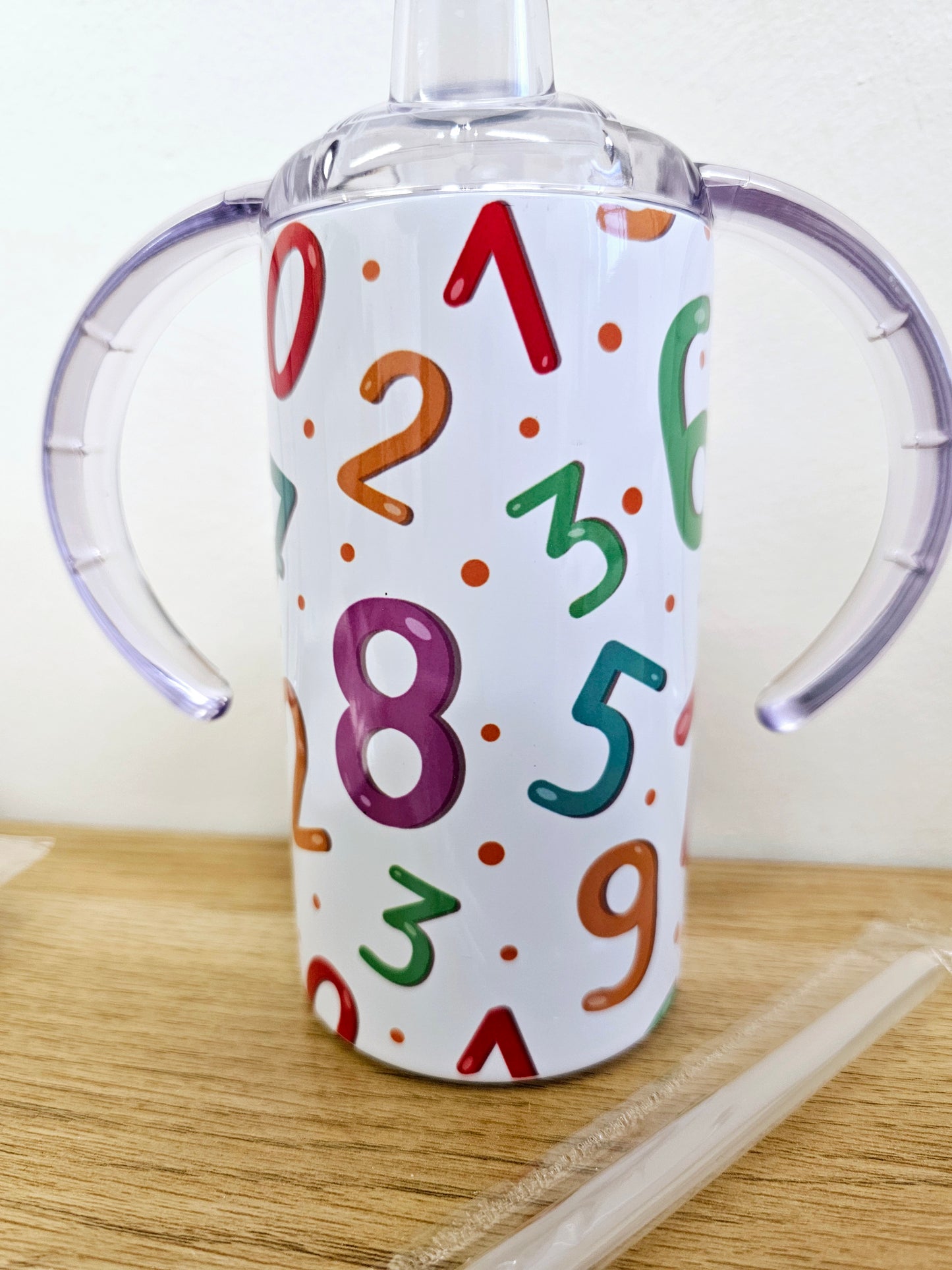 Sippy cup tumbler 12oz with double handle and straw lid, numbers