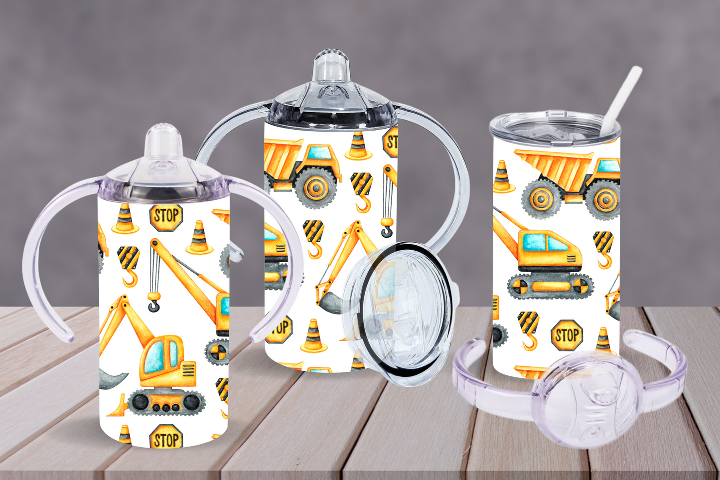 Sippy cup tumbler 12oz with double handle and straw lid, diggers