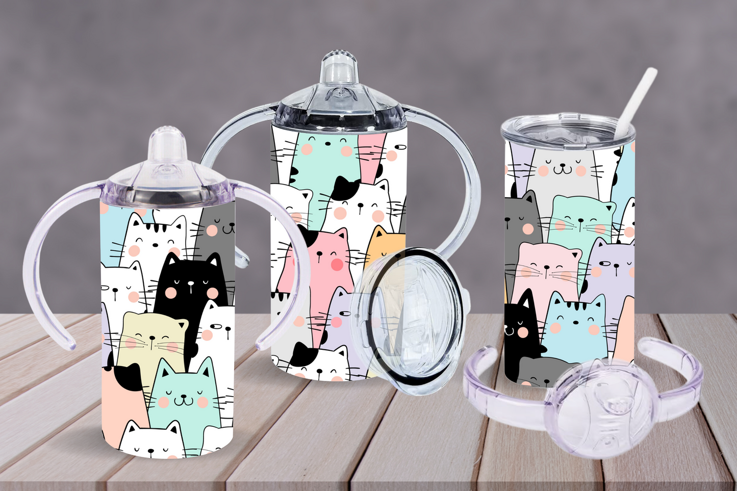 Sippy cup tumbler 12oz with double handle and straw lid, cats