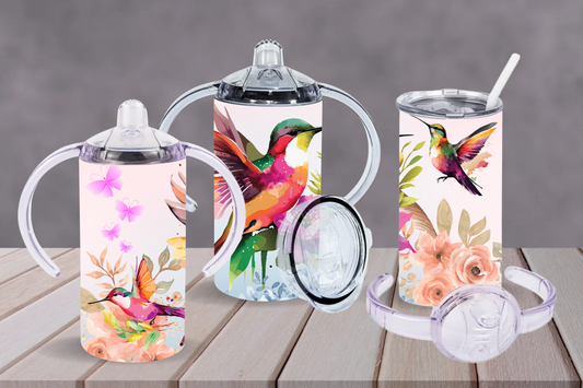 Adult Sippy cup, 2 in 1 tumbler 12oz with double handle and straw lid, hummingbird and flowers