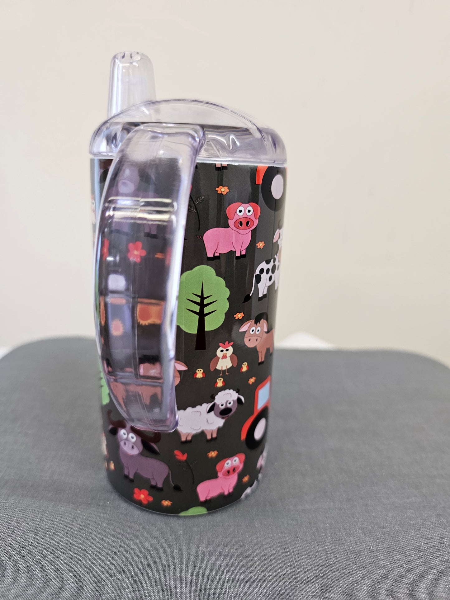Sippy cup tumbler 12oz with double handle and straw lid, farm animals