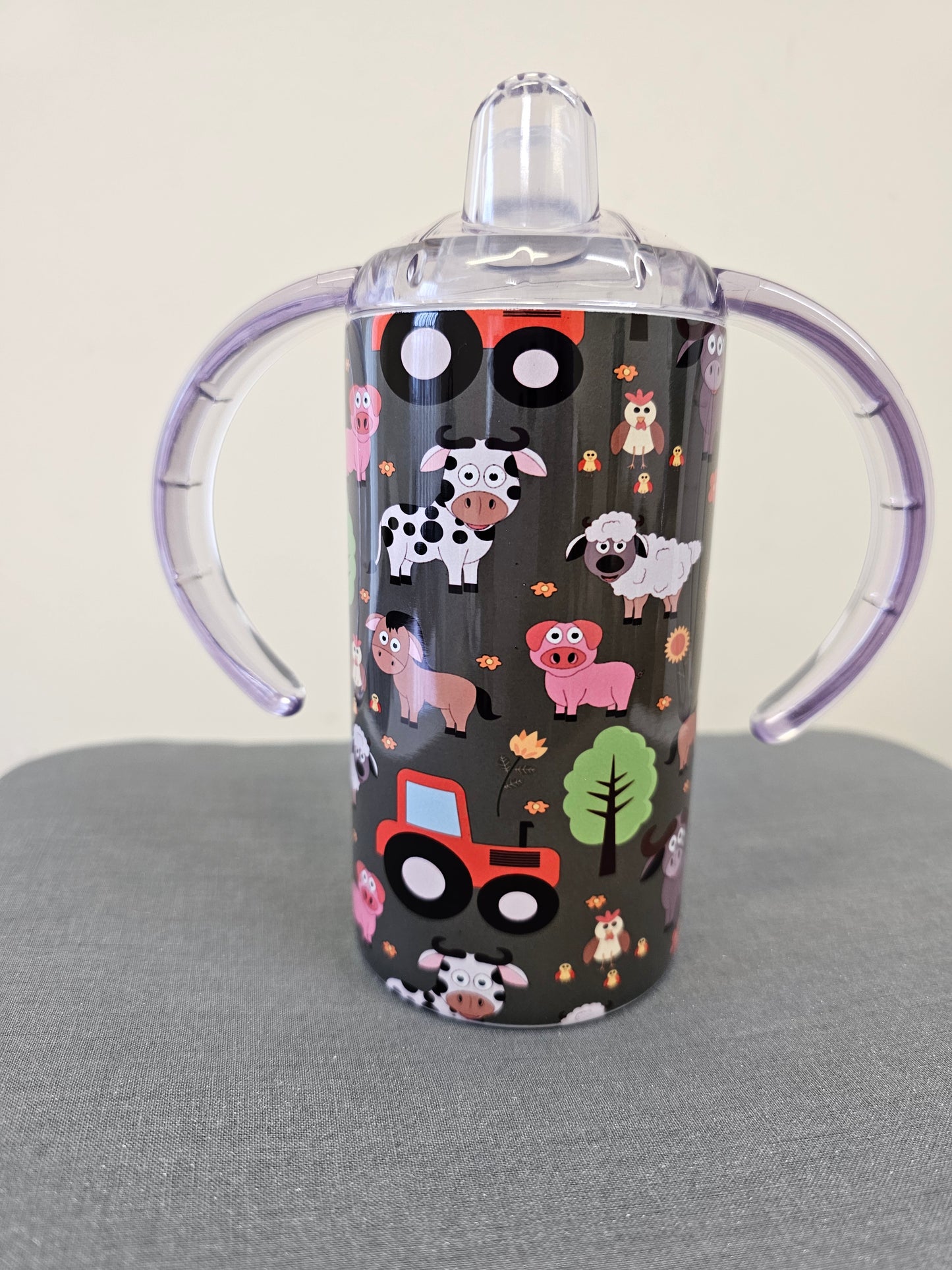 Sippy cup tumbler 12oz with double handle and straw lid, farm animals