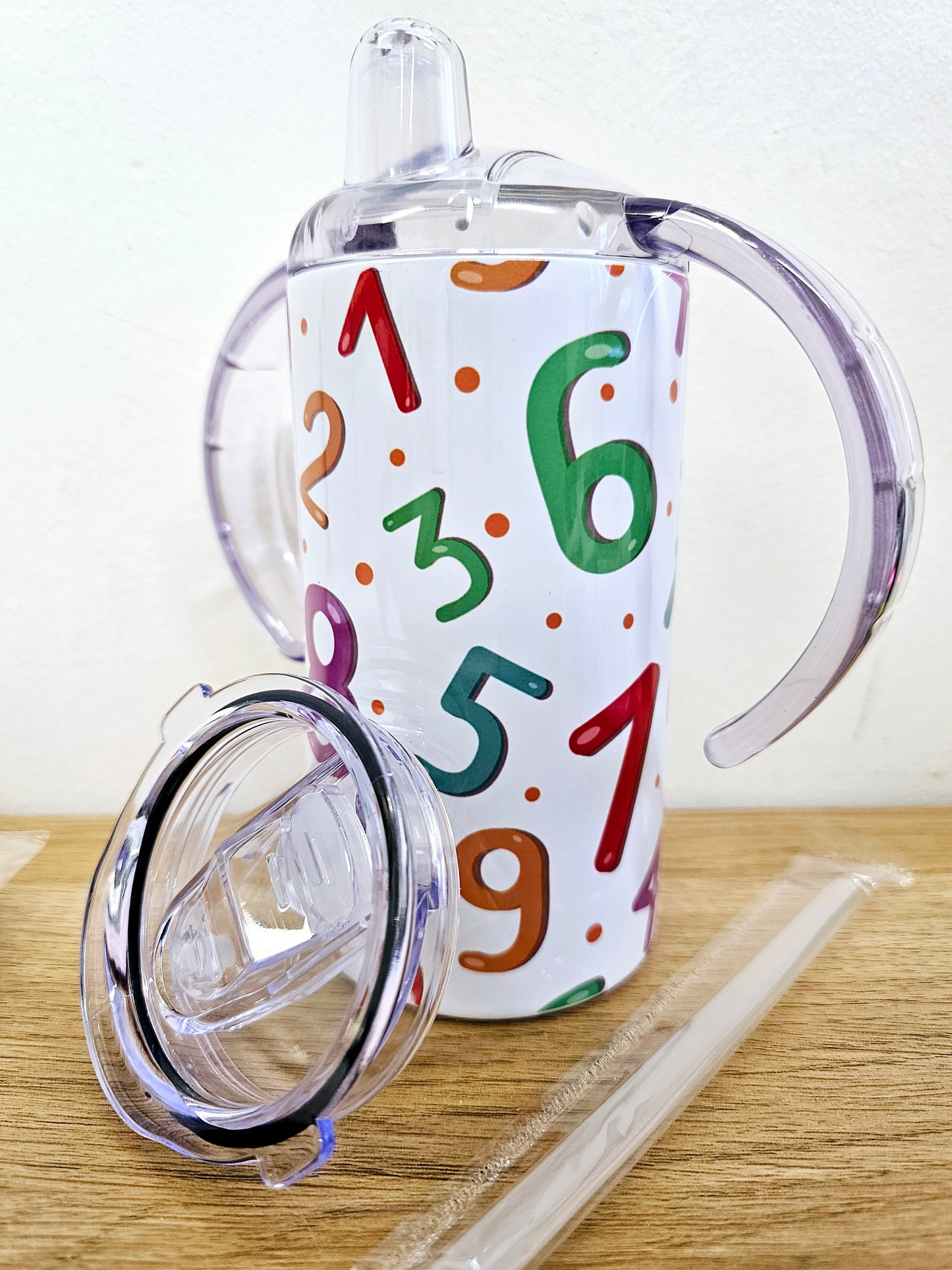 Sippy cup tumbler 12oz with double handle and straw lid, numbers