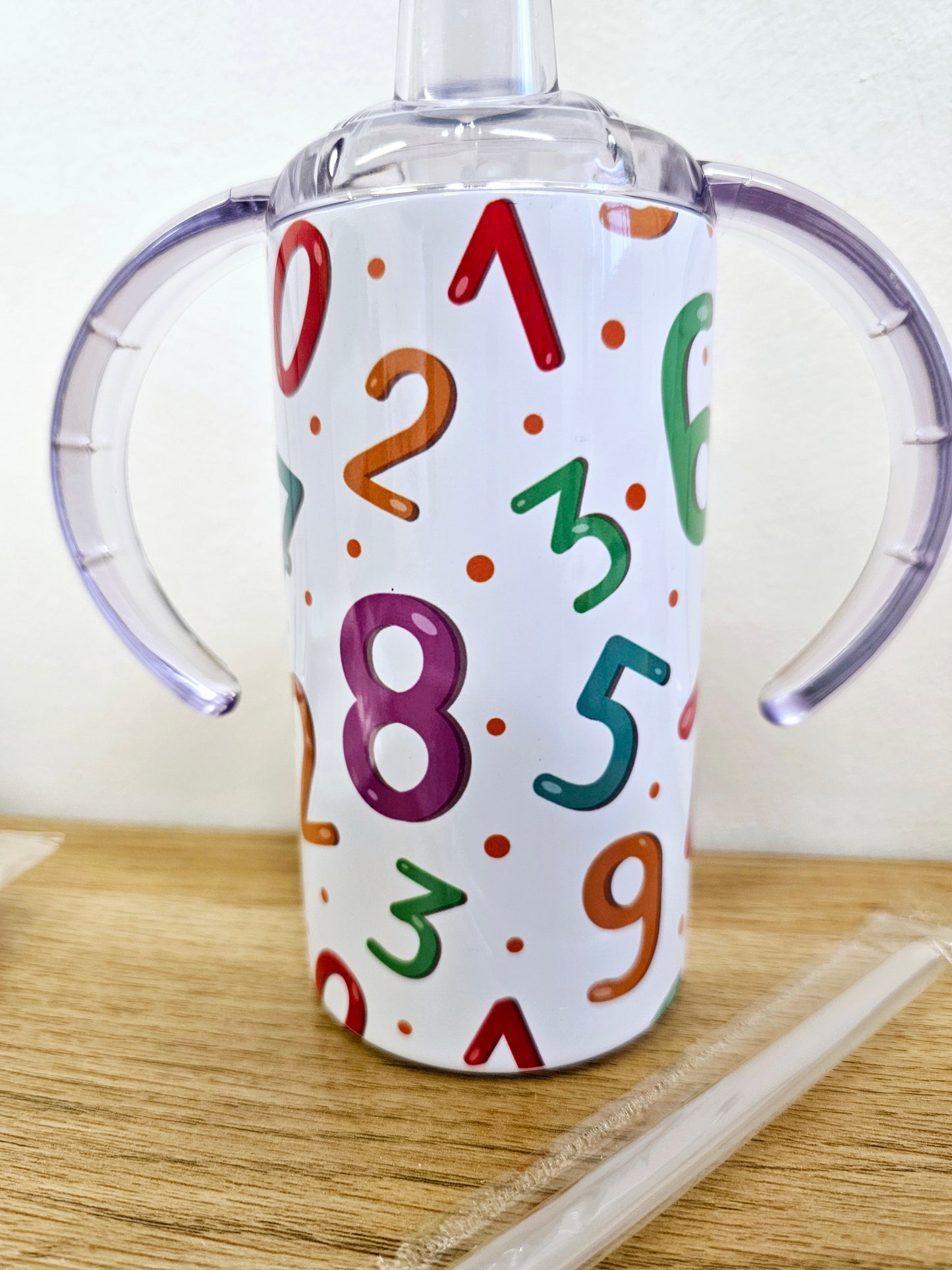 Sippy cup tumbler 12oz with double handle and straw lid, numbers