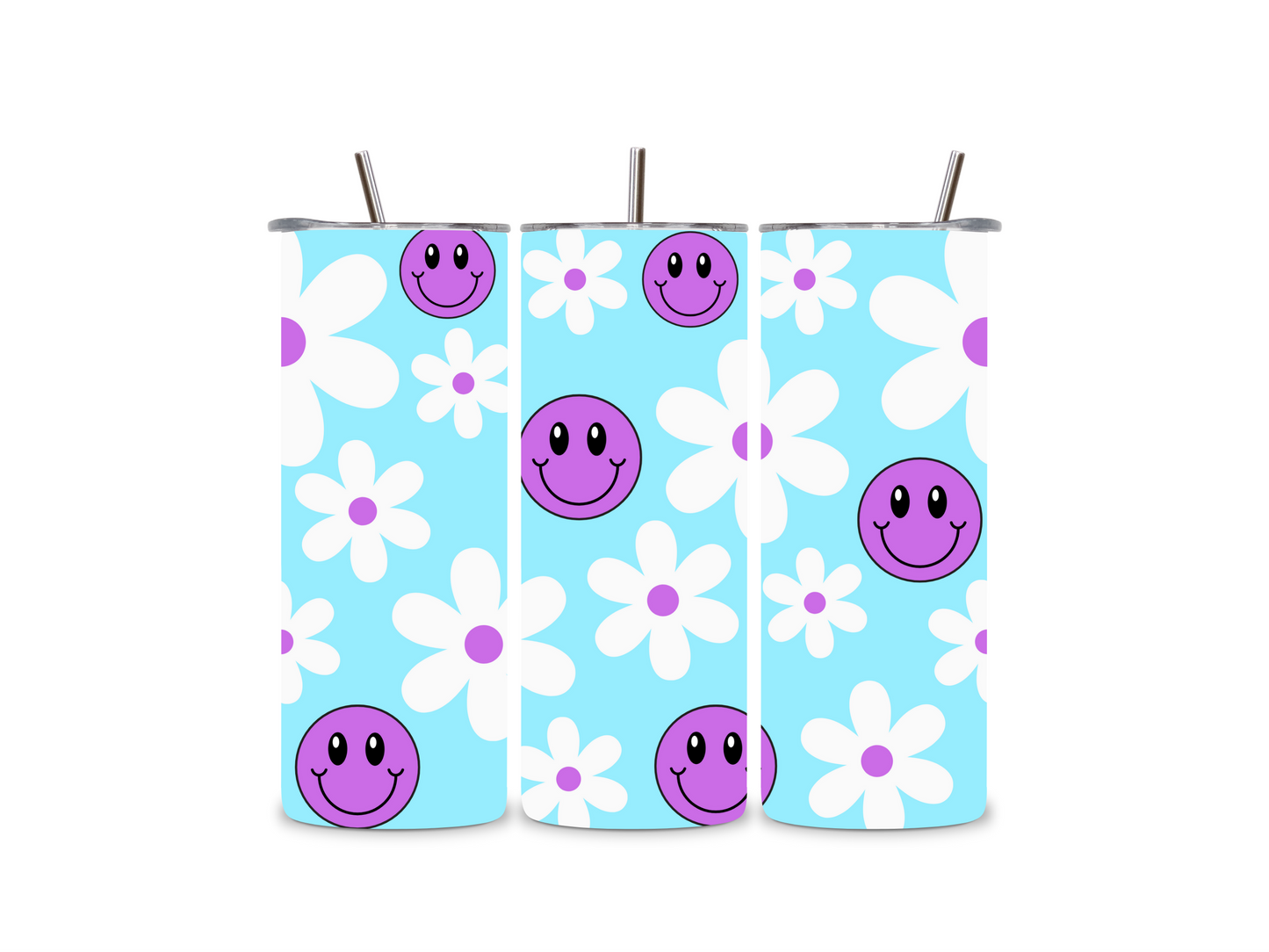 Purple happy faces and daisies tumbler gift, 20oz (600ml), cup with straw, stainless steel