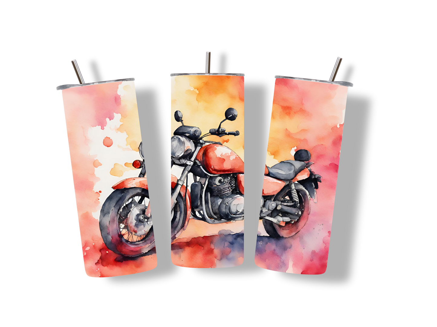 Motorbike watercolour tumbler gift, 20oz (600ml), cup with straw, stainless steel
