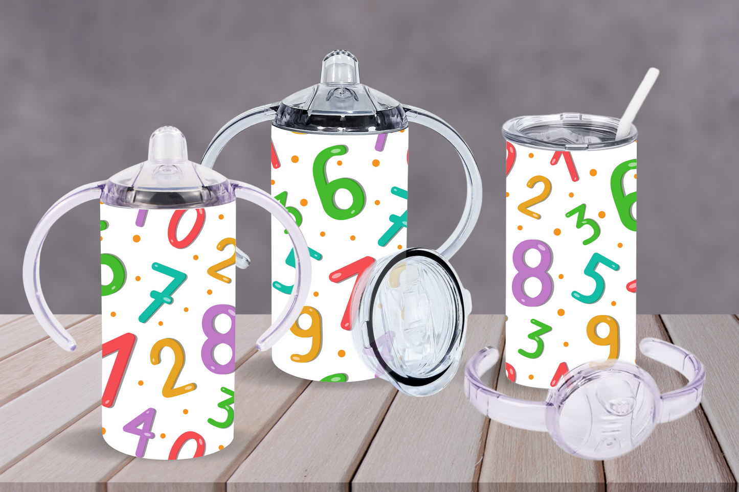 Sippy cup tumbler 12oz with double handle and straw lid, numbers
