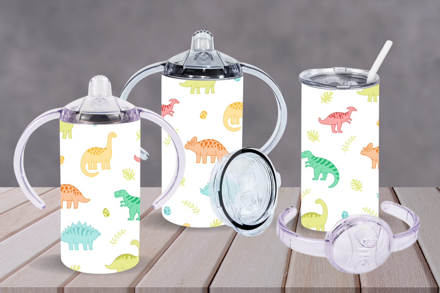 Sippy cup tumbler 12oz with double handle and straw lid, dinosaurs