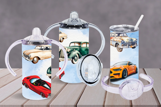 Adult Sippy cup, 2 in 1 tumbler 12oz with double handle and straw lid, retro cars for men