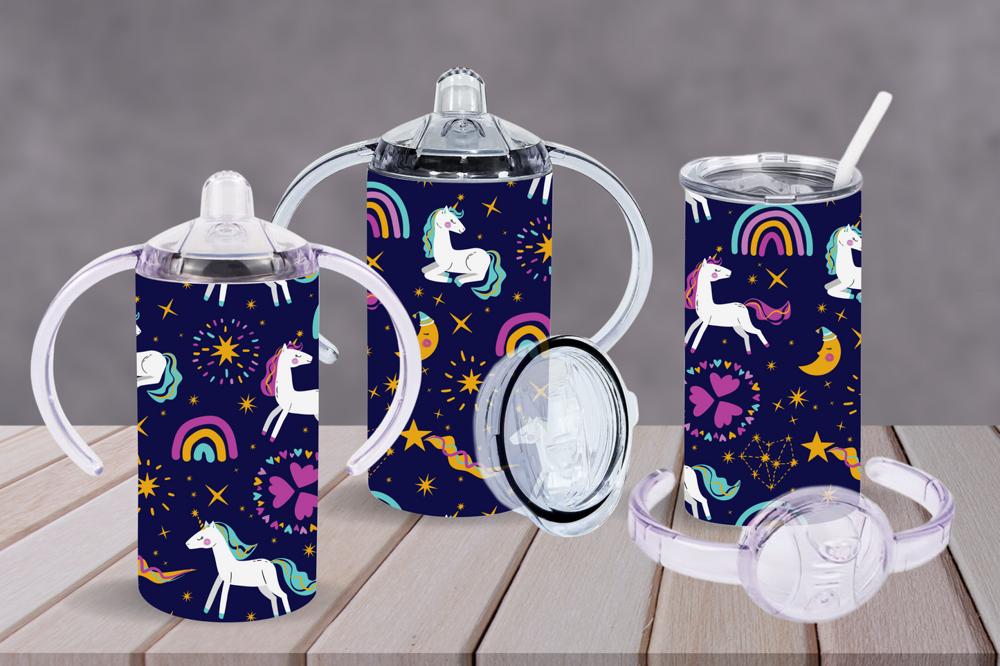 Sippy cup tumbler 12oz with double handle and straw lid, unicorn