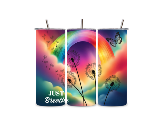 Just breathe, dandelions and rainbow tumbler gift, 20oz (600ml), cup with straw, stainless steel