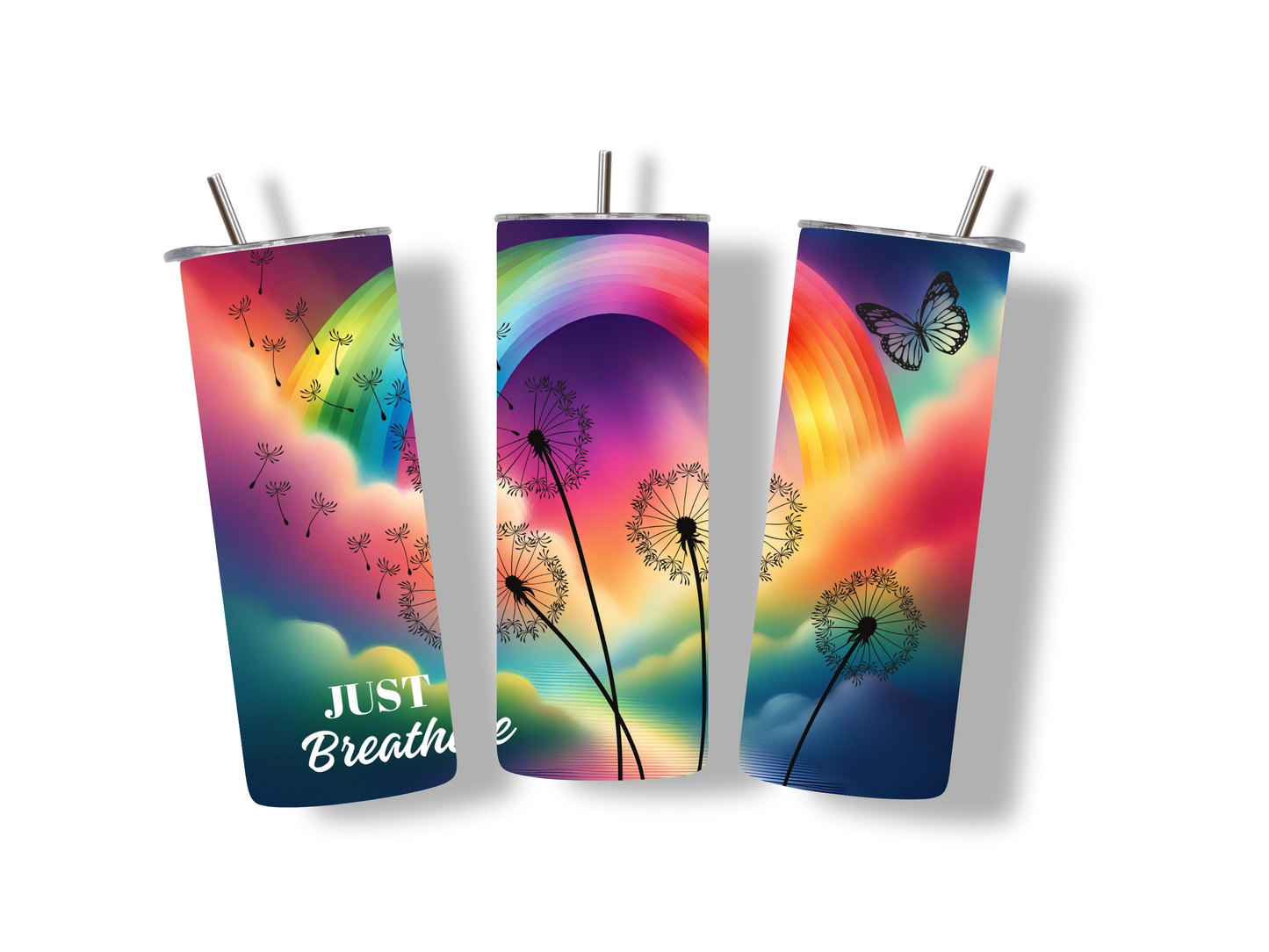 Just breathe, dandelions and rainbow tumbler gift, 20oz (600ml), cup with straw, stainless steel