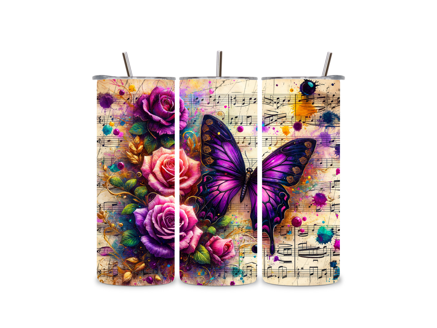 20oz musical notes with flowers and butterfly, double wall insulated tumbler with metal straw