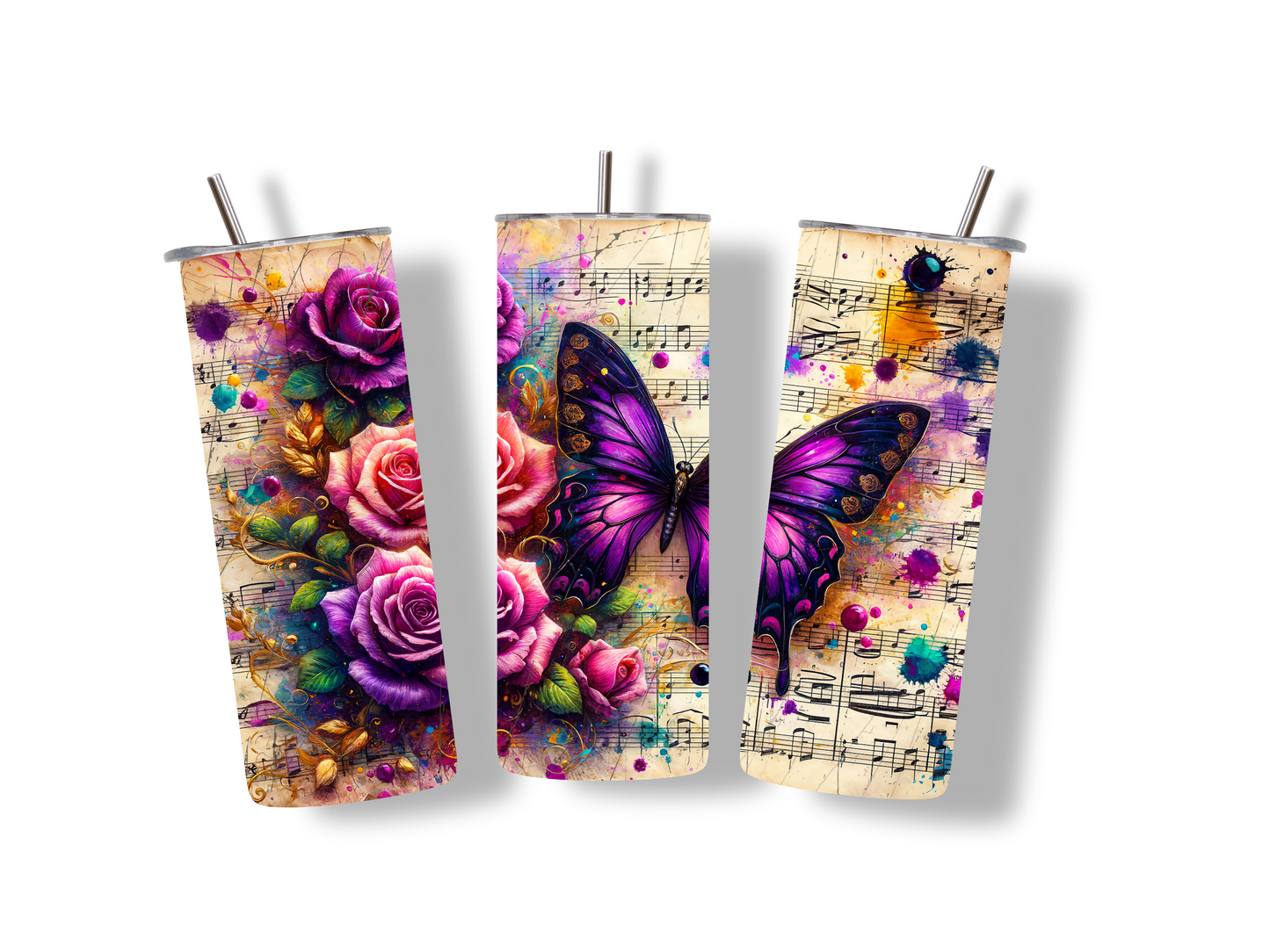20oz musical notes with flowers and butterfly, double wall insulated tumbler with metal straw