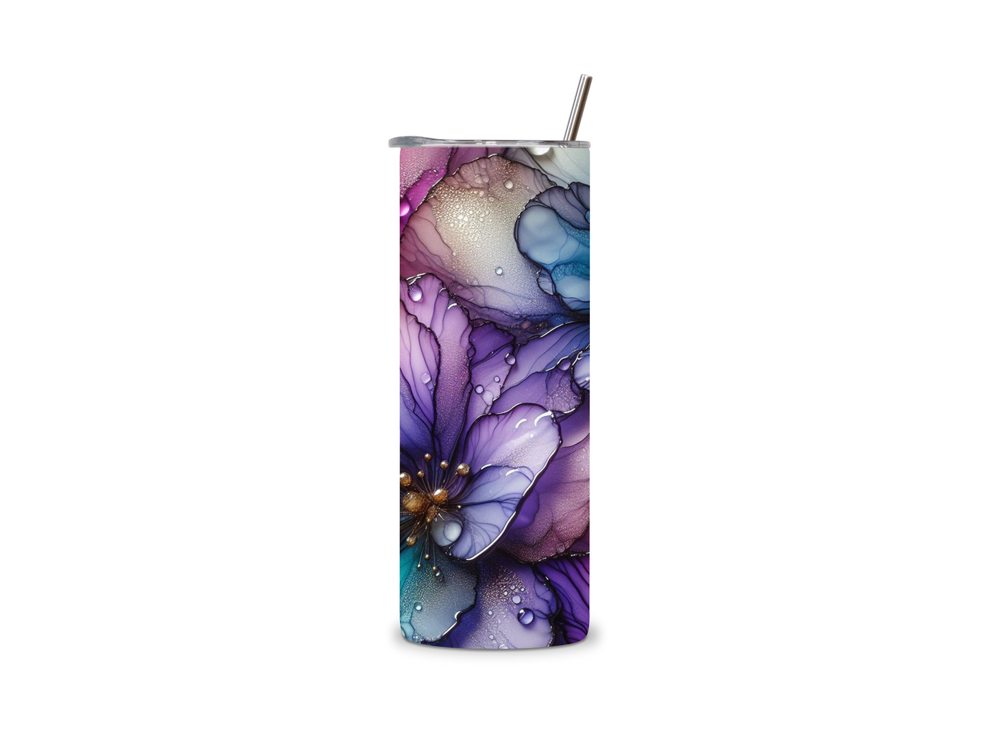 20oz iridescent purple flowers double wall insulated tumbler with metallic straw