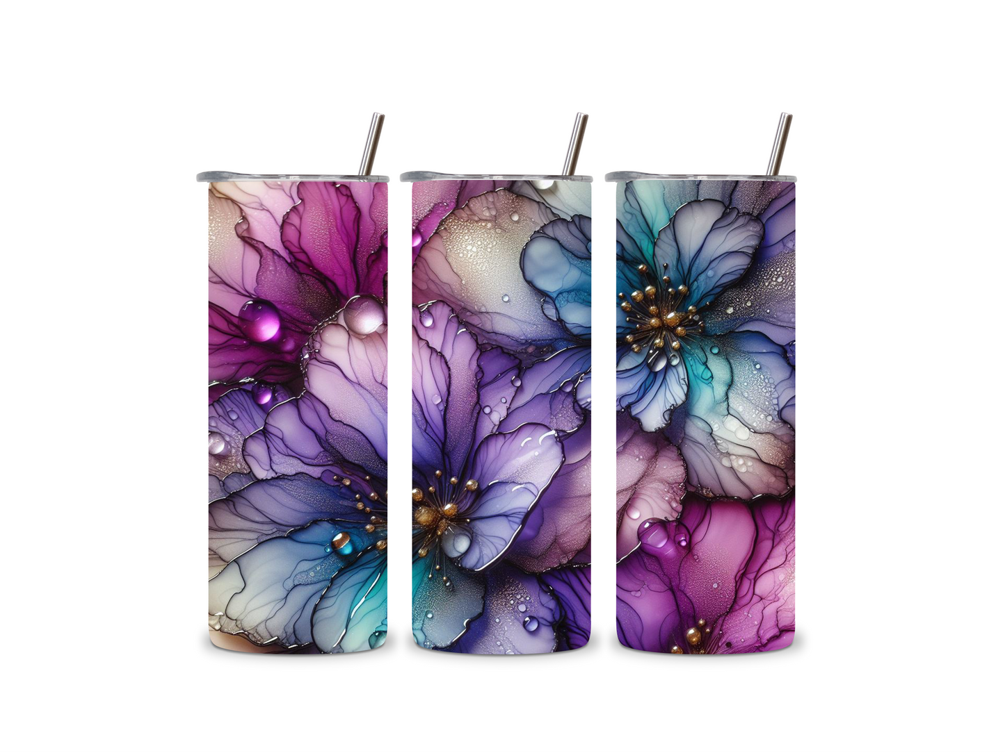 20oz iridescent purple flowers double wall insulated tumbler with metallic straw