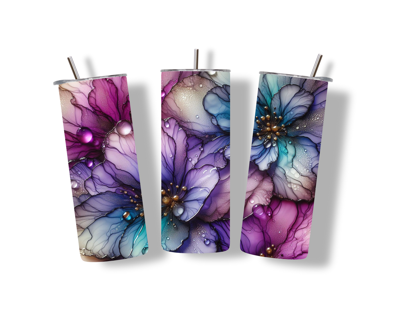 20oz iridescent purple flowers double wall insulated tumbler with metallic straw