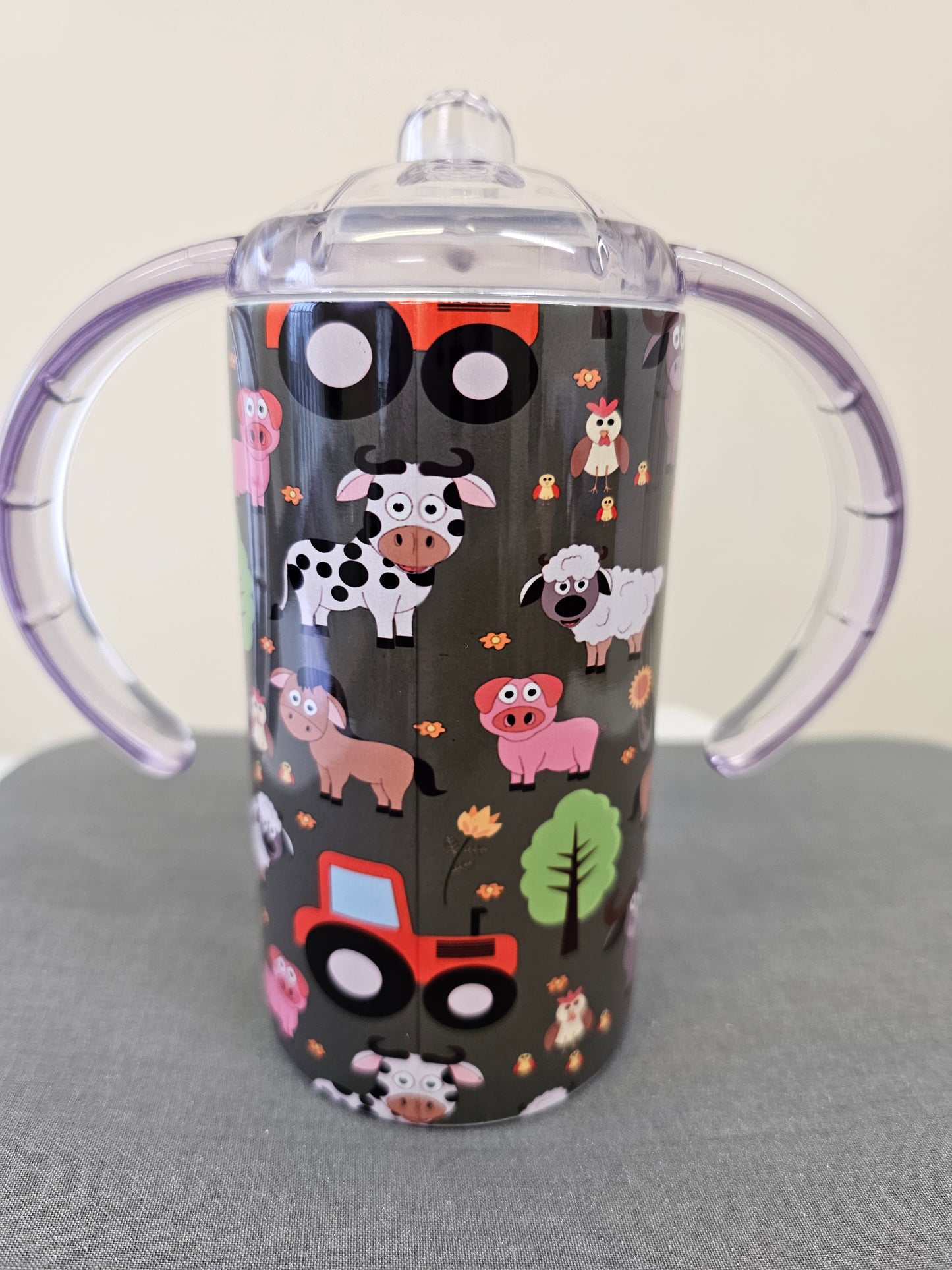 Sippy cup tumbler 12oz with double handle and straw lid, farm animals