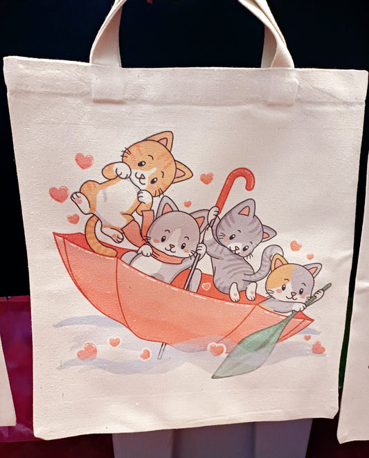 Playful cats in umbrella tote bag, shopping bag, canvas tote bag