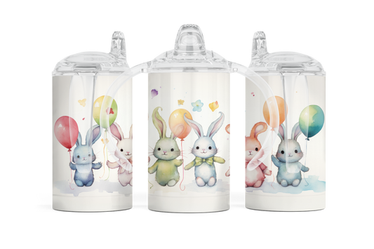 Sippy cup tumbler 12oz with double handle and straw lid, rabbits with balloons