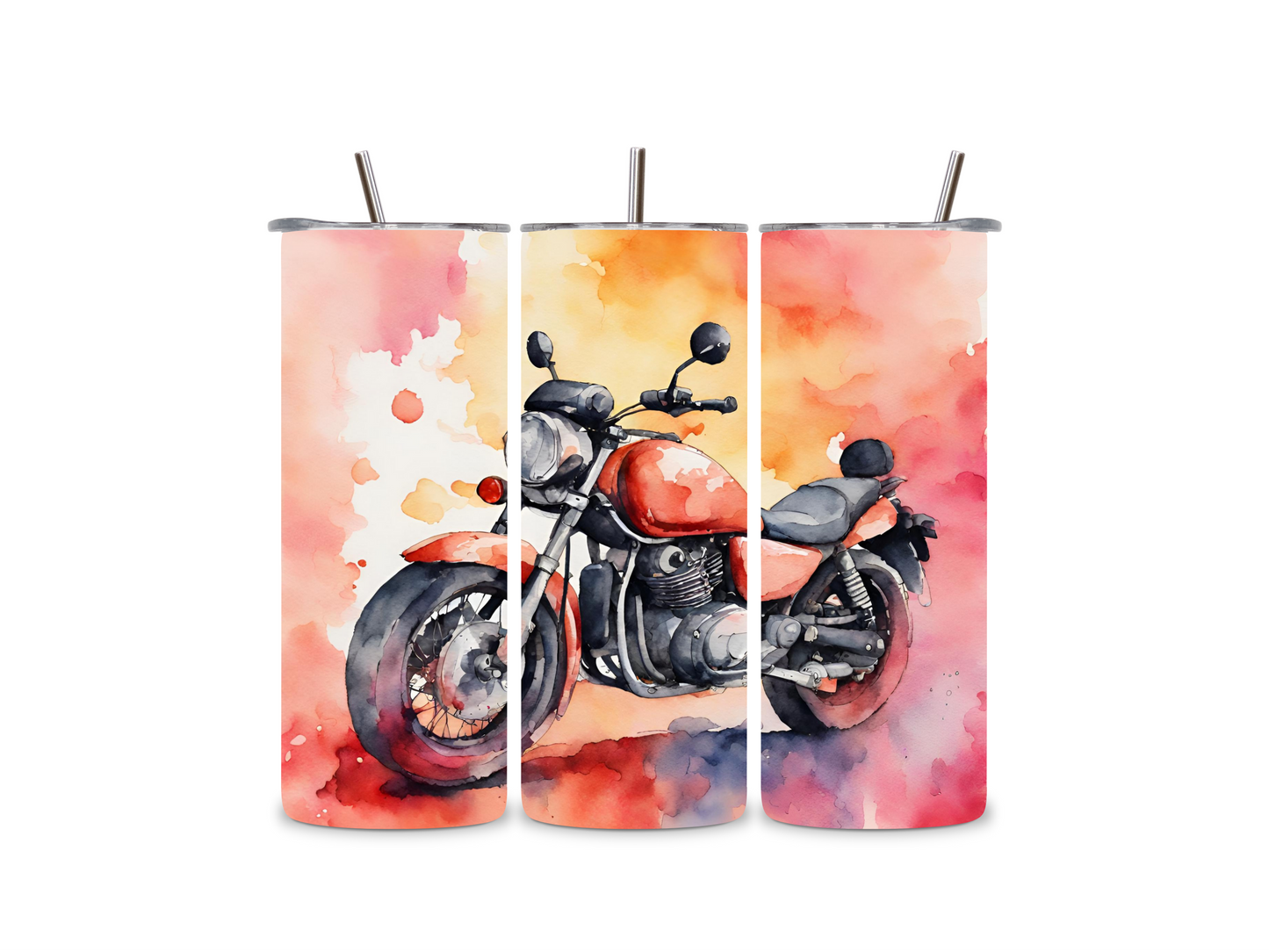 Motorbike watercolour tumbler gift, 20oz (600ml), cup with straw, stainless steel