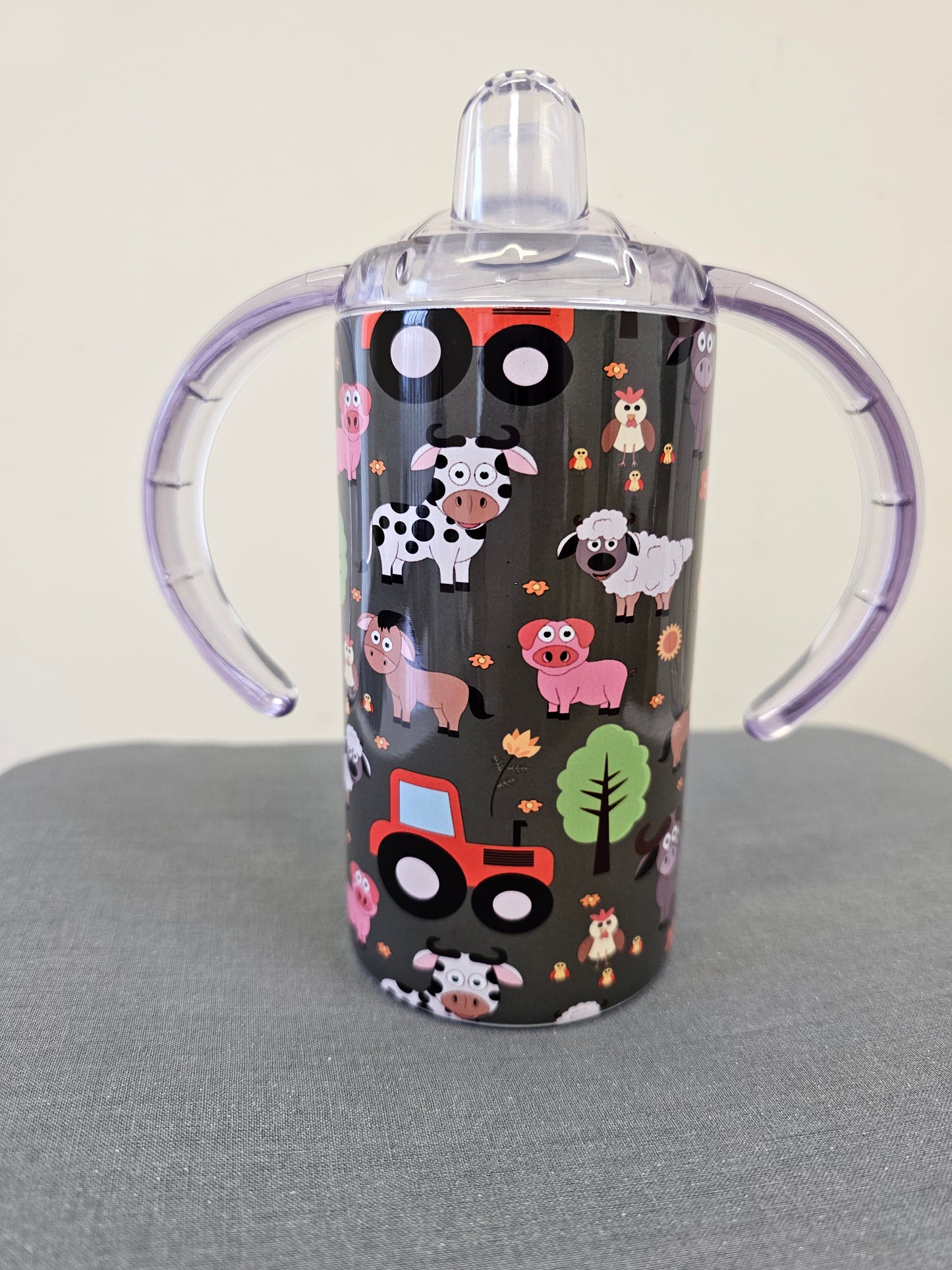 Sippy cup tumbler 12oz with double handle and straw lid, farm animals