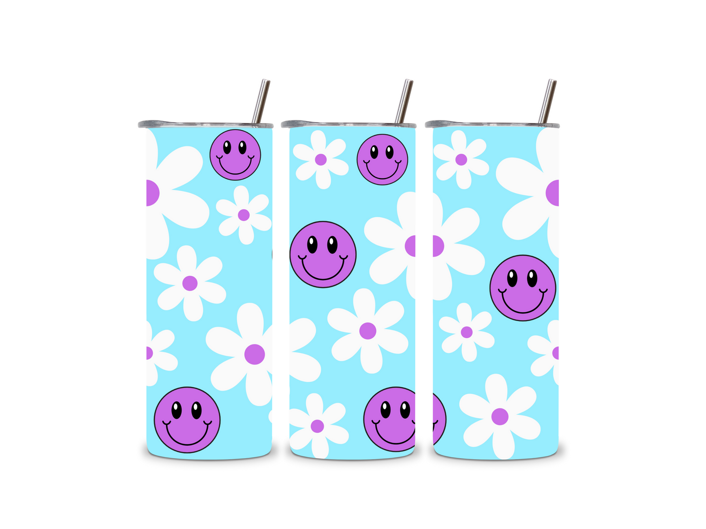 Purple happy faces and daisies tumbler gift, 20oz (600ml), cup with straw, stainless steel