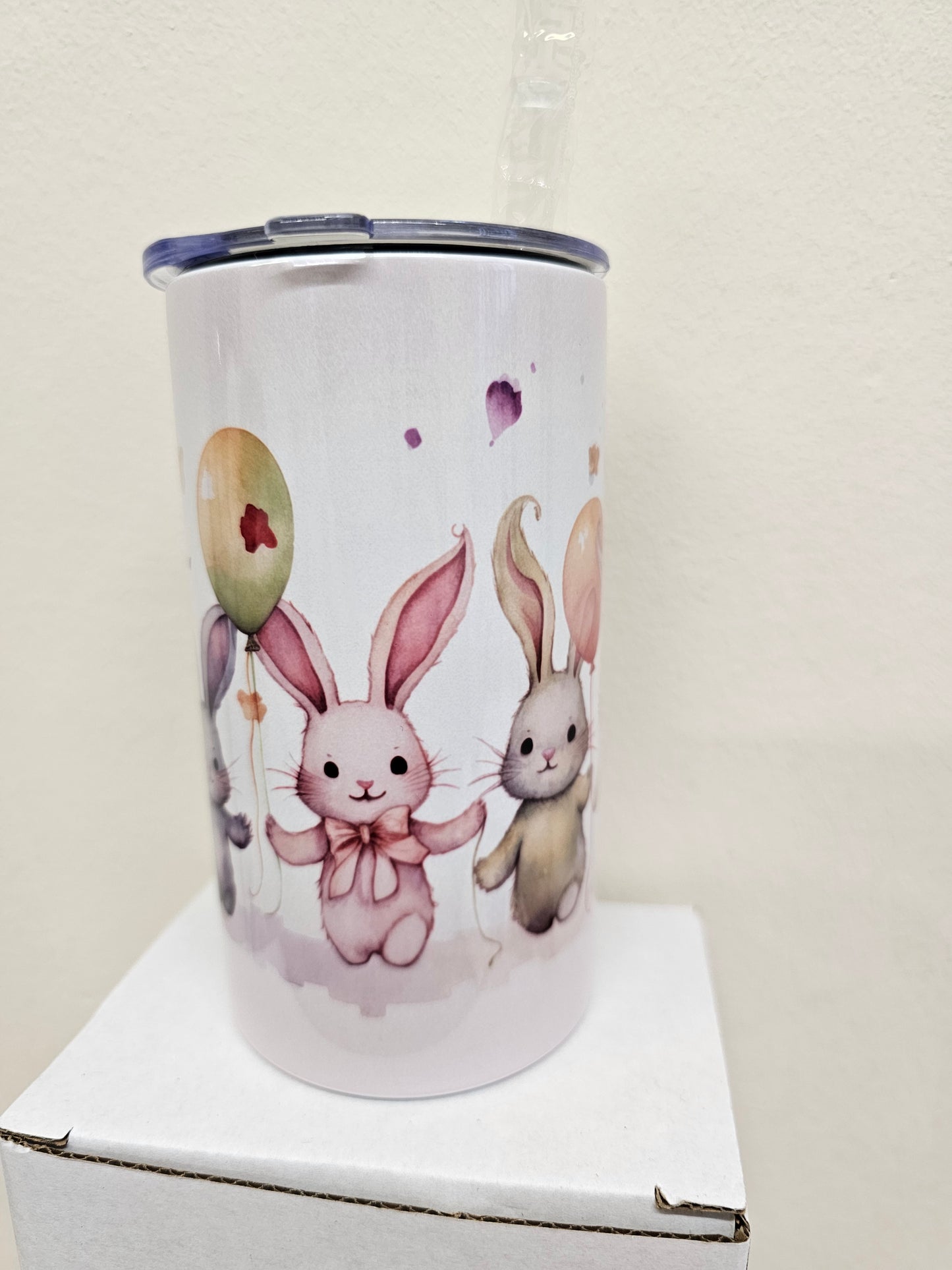 Sippy cup tumbler 12oz with double handle and straw lid, rabbits with balloons