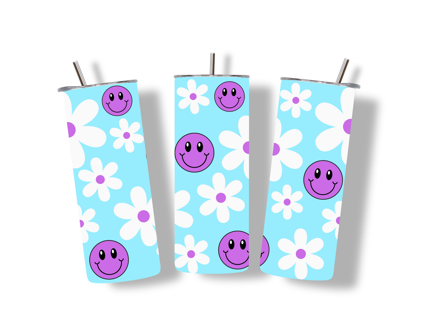 Purple happy faces and daisies tumbler gift, 20oz (600ml), cup with straw, stainless steel