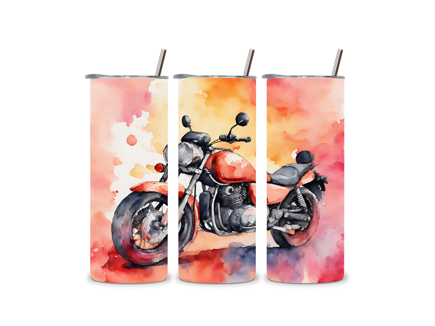 Motorbike watercolour tumbler gift, 20oz (600ml), cup with straw, stainless steel