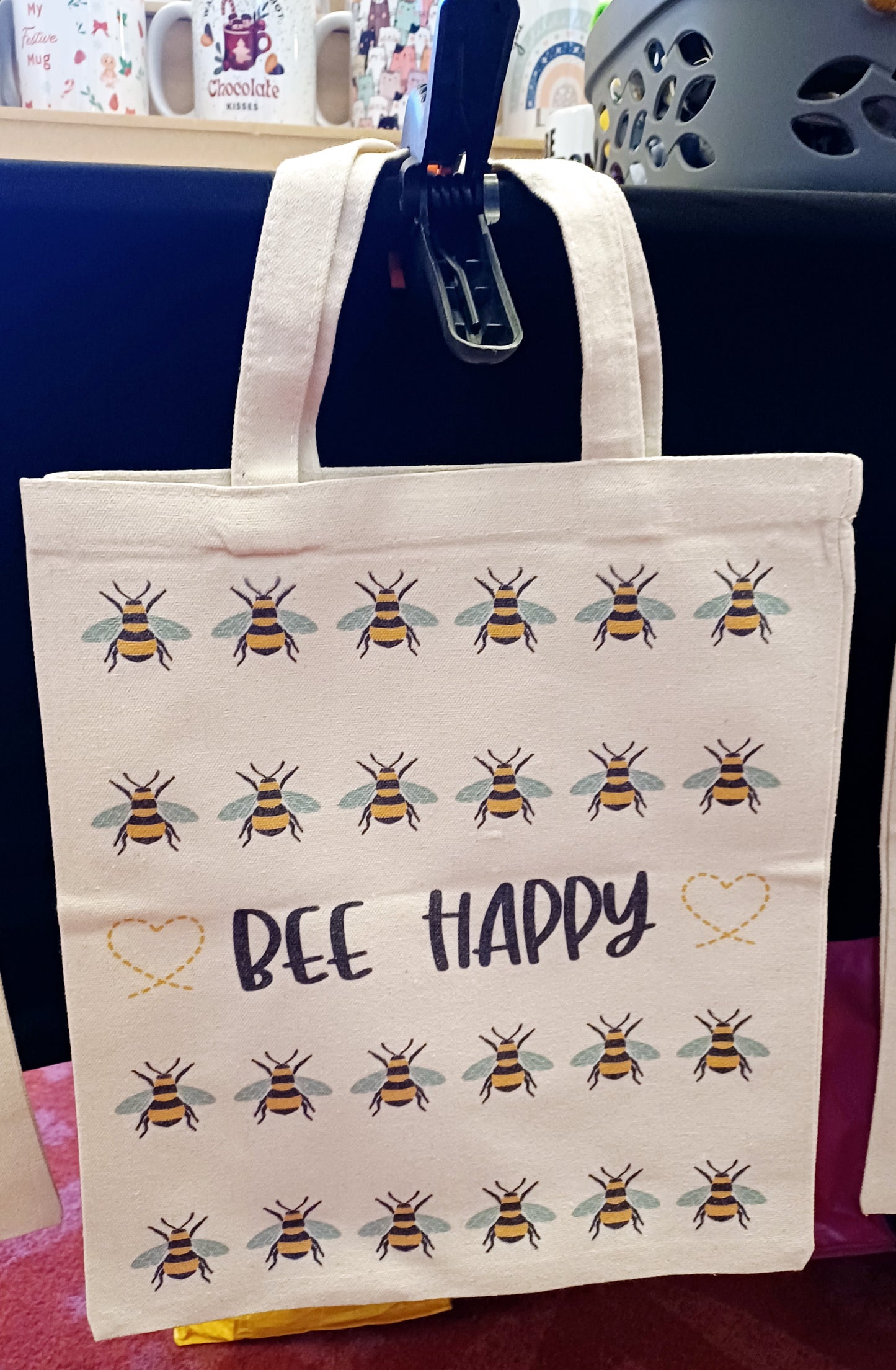 Bee happy tote bag, shopping bag, canvas tote bag