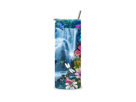 20oz waterfall and butterflies double wall insulated tumbler with metal straw