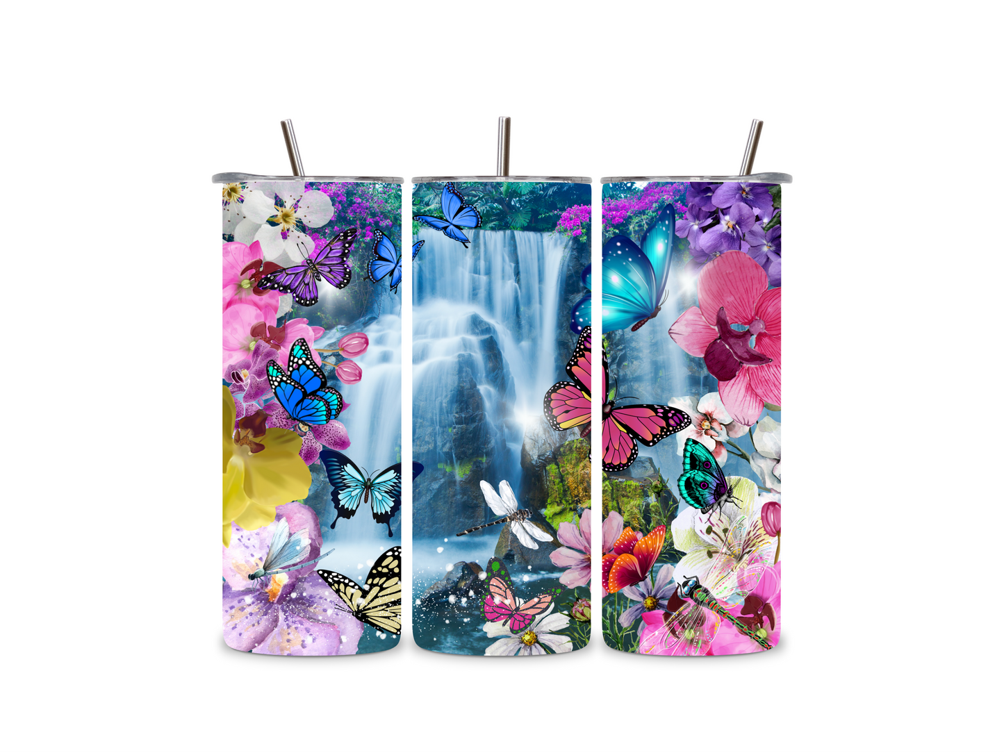 20oz waterfall and butterflies double wall insulated tumbler with metal straw