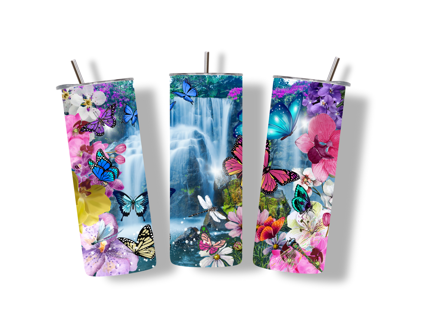 20oz waterfall and butterflies double wall insulated tumbler with metal straw